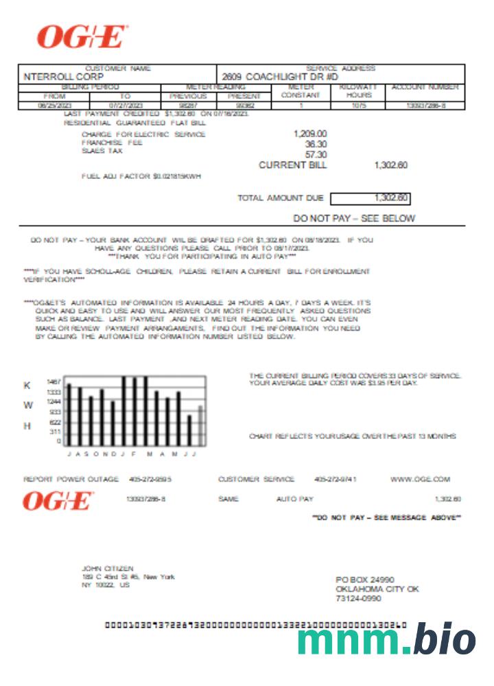 Oklahoma OGE Energy rachunek za usługi komunalne